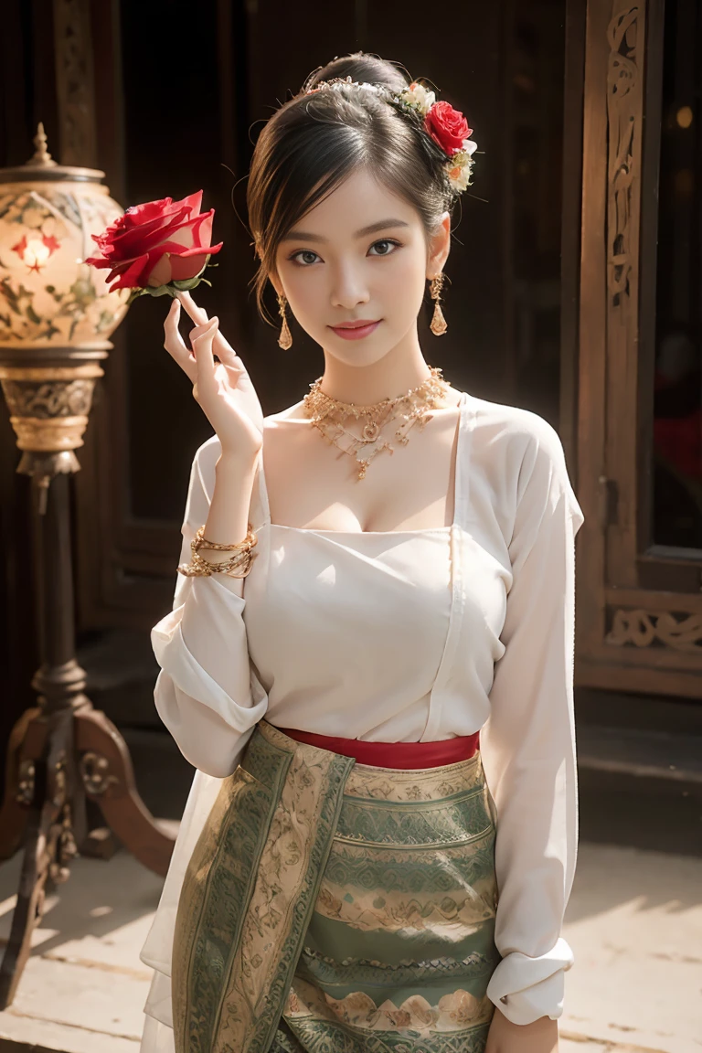 (realistic:1.3), insane detailed, quality, (masterpiece:1.2), (photorealistic:1.2), (best quality), (detailed skin:1.3), (intricate details), ray tracing, ((full body)), ((1woman)), (((1 person))), 18 years old, short hair, smile, light green dress, skirt with pattern, color contrast between the dress and the skirt, skirt pattern, earrings, necklace, Javanese ornament, (blurred background), eyes on camera, Breast cleavage, medium breast, one big red rose on head