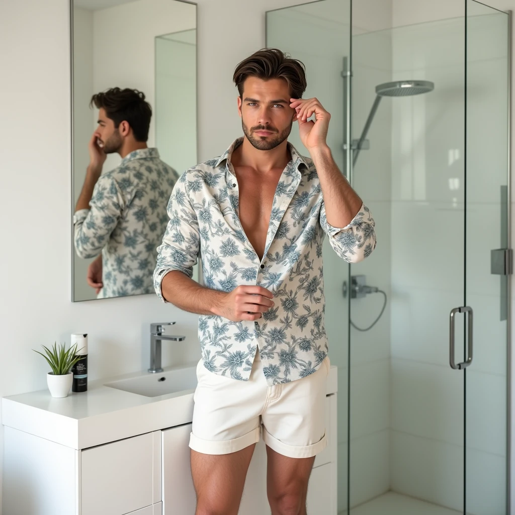 A white man, aged 35, model type, with short dark hair, with blue eyes, wearing a flowered shirt buttoned all the way up, White shorts,  tennis, in the bathroom putting on gel