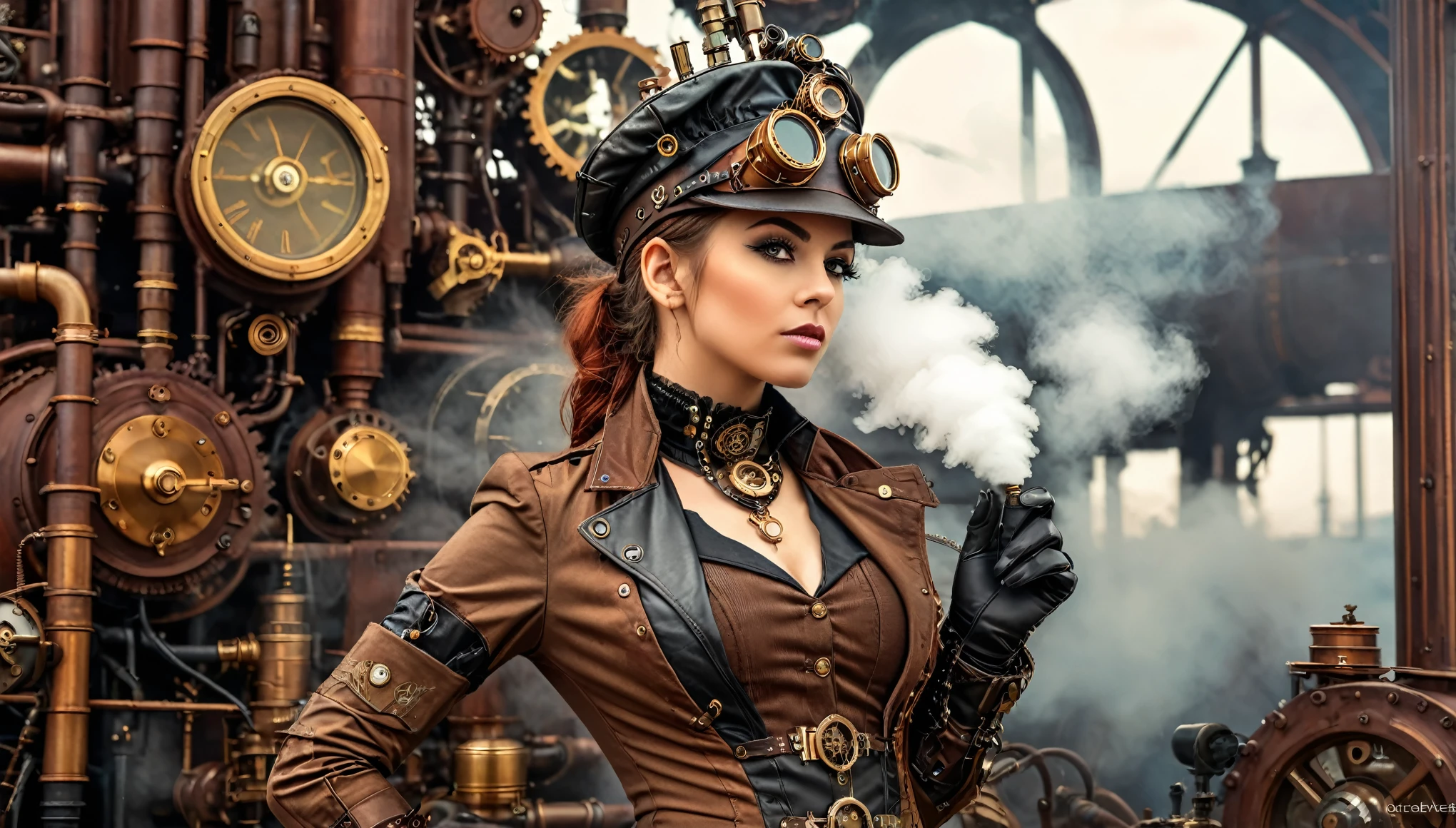 Ultra Resolution, 8k , HDR, Ultra sharp,((top-quality)), ((​masterpiece)), ((realisitic)), (detailed), Reflective,there is a woman in a steam punk outfit posing for a picture, steampunk fantasy style, steampunk girl, steampunk inventor girl, sci-fi steampunk, dieselpunk art style, steampunk pin-up girl, digital steampunk art, steam punk style, steam-punk, young girl in steampunk clothes, steampunk digital art, high quality steampunk art, steampunk