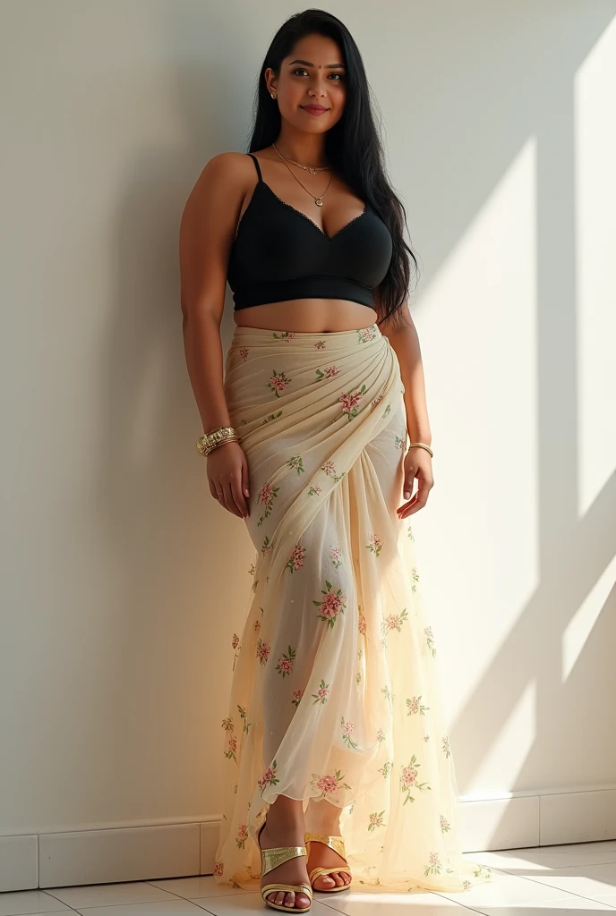 (photorealism:1.2), beautiful indian north indian married woman, 35yo, big breasts, standing against white wall at home with floor tiles, wearing floral sheer skirt and black strappy cami top, high golden heels, long straight hair pony, indoors, soft lighting, nothing in background, matching traditional footwear