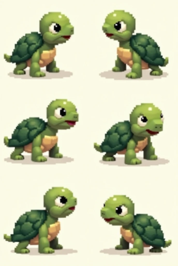 Create a pixelated little turtle avatar in 6 different poses, looking to the right, left, back, forward and diagonally