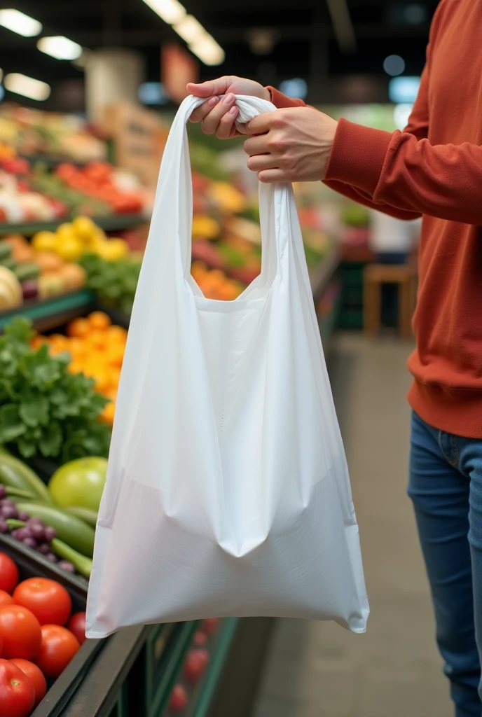 Create a white supermarket bag out of polypropylene material like the supermarket bags in Guatemala, where a customer holds the bag in the produce section