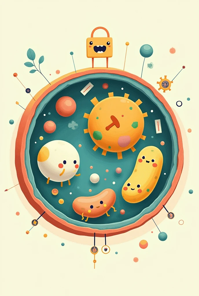 Scenario: A large circle representing the cell.
Membrana Celular: A protective border around the circle, with small "doors" that represent the membranes.
core: Um círculo menor inside the cell, with a key or lock symbol, representing the nucleus guarding the secrets of DNA.
Mitochondria: Small bean-shaped figures with "smiley faces" inside the cell, symbolizing happy mitochondria producing energy.
Other Organelles: Simplified figures representing other parts of the cell, such as the endoplasmic reticulum and ribosomes, everyone smiling and working in harmony.