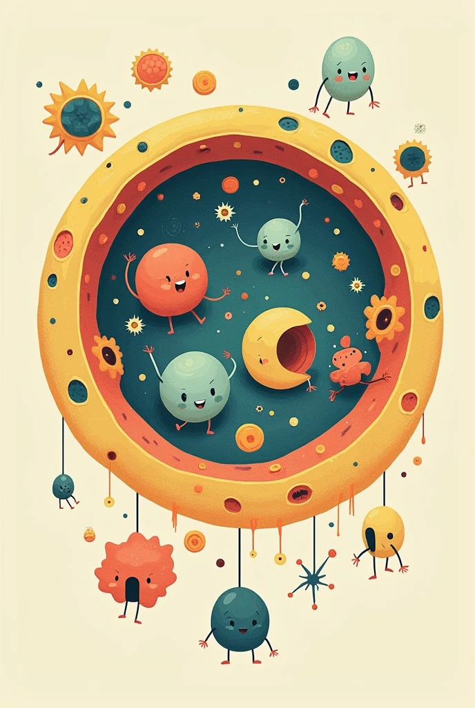 Scenario: A large circle representing the cell.
Membrana Celular: A protective border around the circle, with small "doors" that represent the membranes.
core: Um círculo menor inside the cell, with a key or lock symbol, representing the nucleus guarding the secrets of DNA.
Mitochondria: Small bean-shaped figures with "smiley faces" inside the cell, symbolizing happy mitochondria producing energy.
Other Organelles: Simplified figures representing other parts of the cell, such as the endoplasmic reticulum and ribosomes, everyone smiling and working in harmony.
