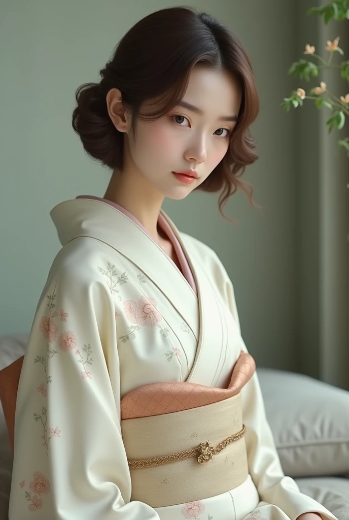 Woman in kimono with short brown hair.
