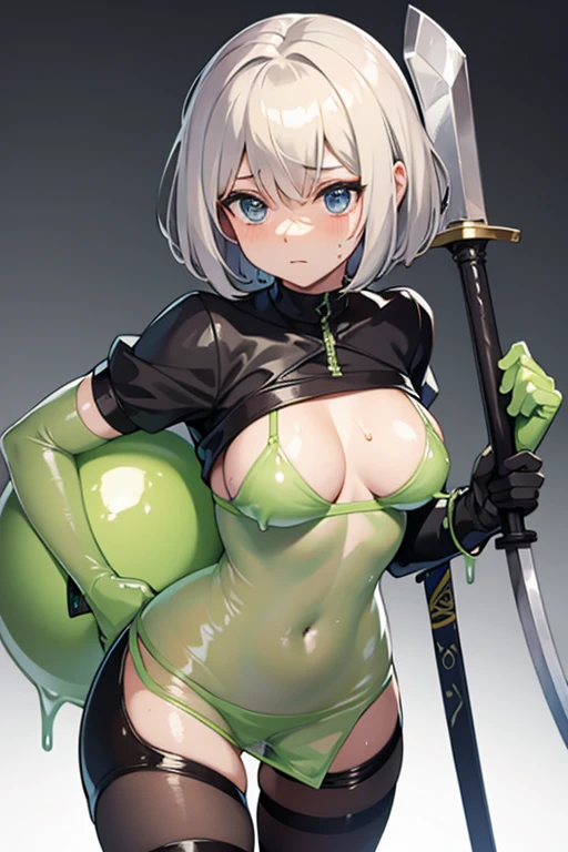 Striped undressed 2B covered in translucent slime and sweat batt　Sword　Axe