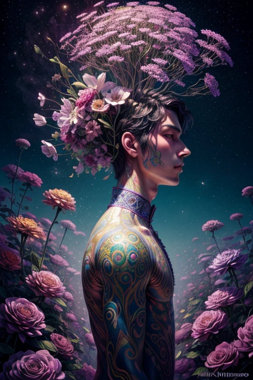 a surrealist painting of a man with a head and body made of flowers, vibrant colors, dreamlike atmosphere, pop surrealism, digital visionary art, by Victor Nizovtsev and Naoto Hattori, intricate details, 4k resolution, ethereal lighting, whimsical composition