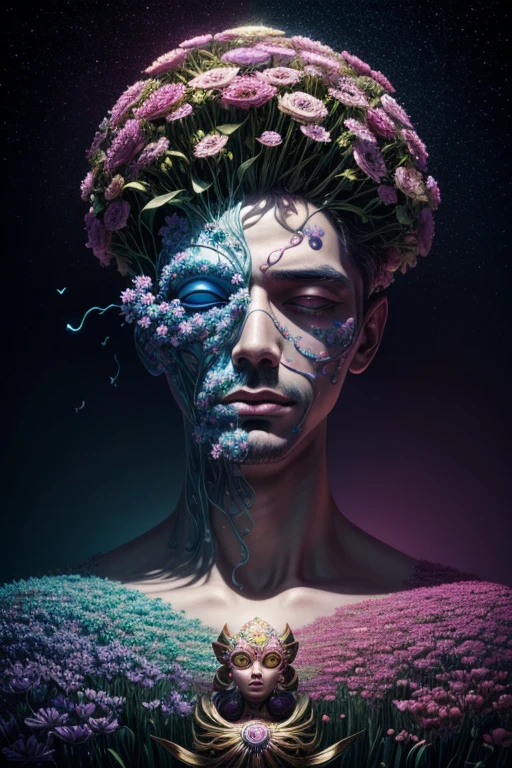 a surrealist painting of a man with a head and body made of flowers, vibrant colors, dreamlike atmosphere, pop surrealism, digital visionary art, by Victor Nizovtsev and Naoto Hattori, intricate details, 4k resolution, ethereal lighting, whimsical composition