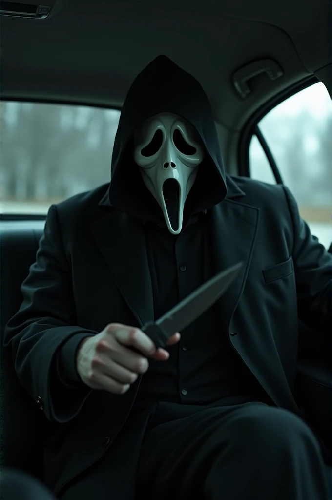 Killer man in black trench coat and ghost mask in a car and looking forward with a knife in his hand