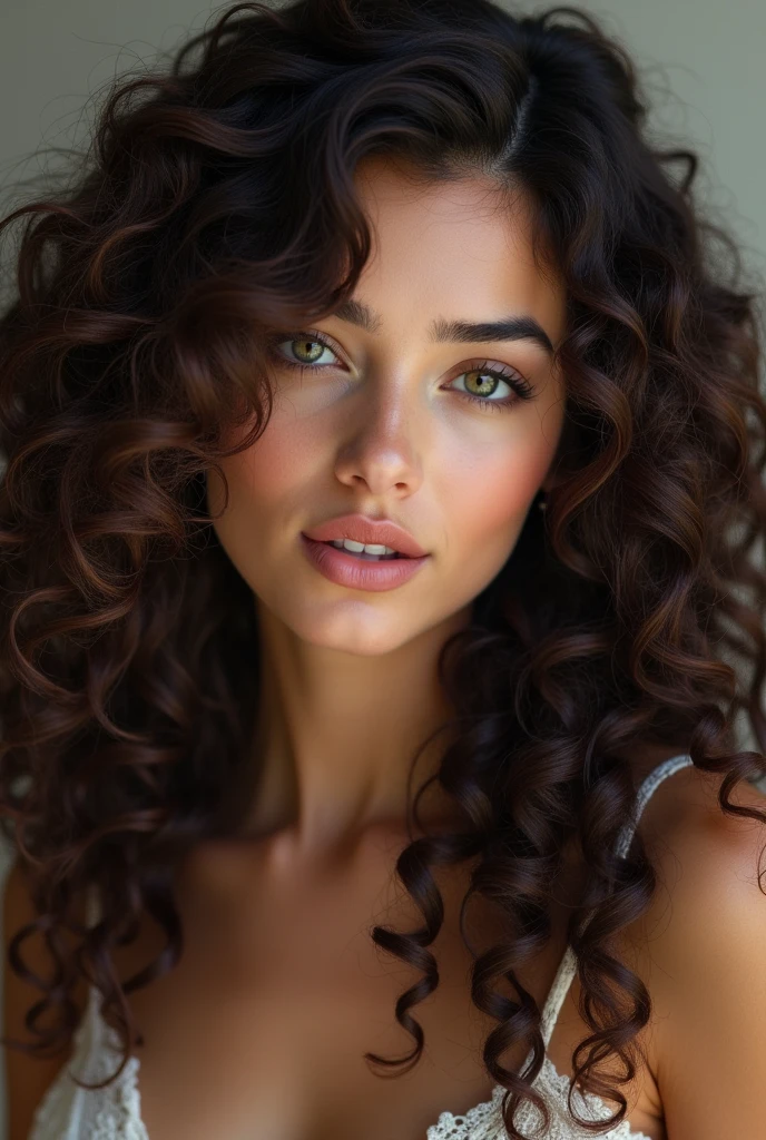 (photorealism:1.2), beautiful woman, long curly hair, realistic, intricate details, head front