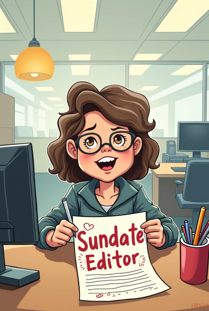 Cartoon, Editor, background in office,taking a card writing 'sundate editor'