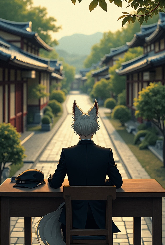 masterpiece、1 young man、male、fox ears and tail, short hair、Young man in black suit and cap、Landscape of ancient Japan、Kyoto、Meiji、Taisho、Romance Taisho、paved、 sitting at a desk、Soft lighting、high quality、(masterpiece)、Human perspective、masterpiece、premium、Highly crafted CG Unity 8K wallpapers、an oil painting、Depth of fields、bloom、Very detailed、art stations、complex、High details、dramatic、volumetric lighting