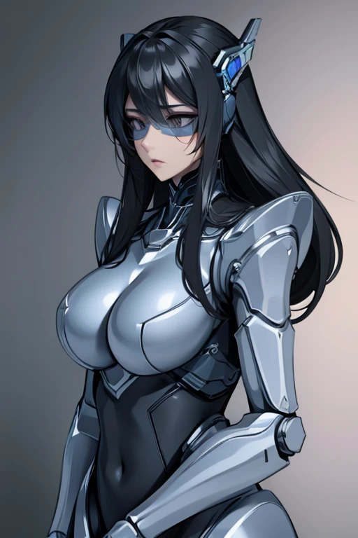 empty eyes,robotization,woman ,big bust,Robot Joint ,Metal skin,Black Suit,long hair,a suit that covers the whole body