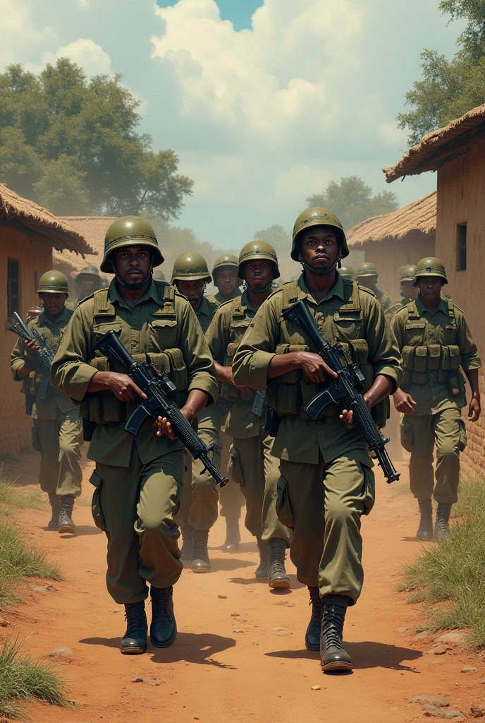 Soldiers in uniform, armed with guns, marching through villages, and targeting Tutsi civilians.