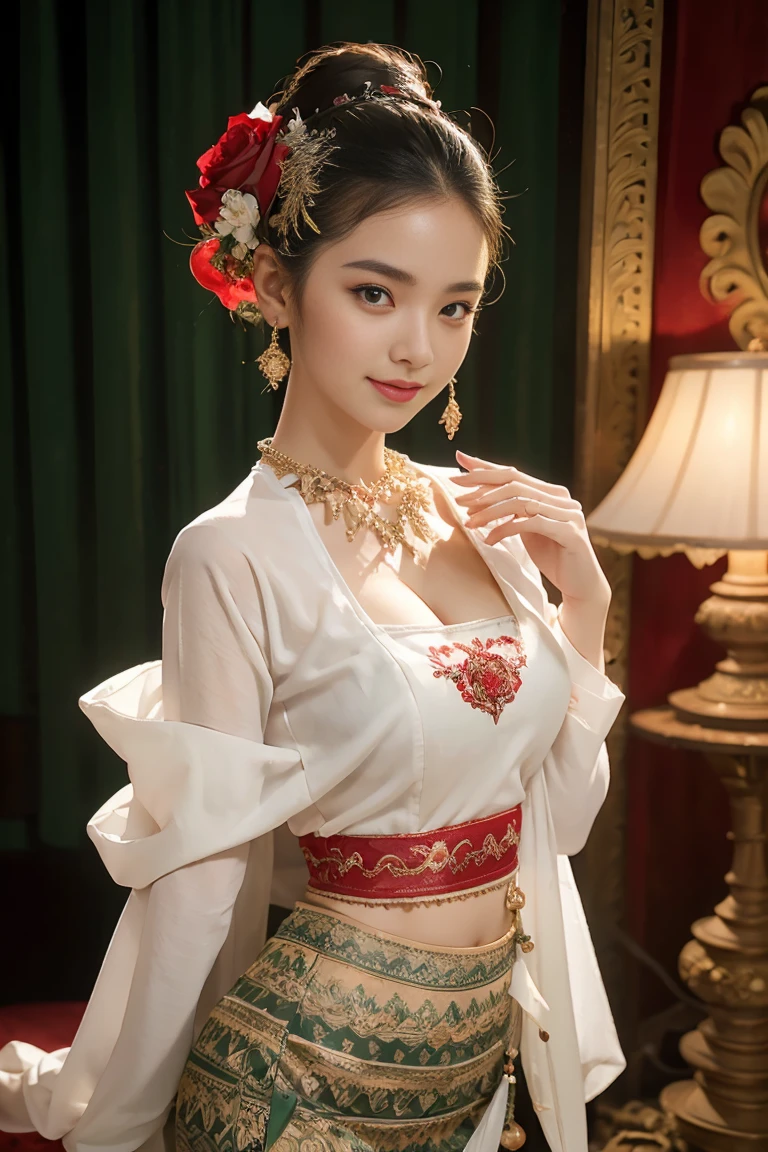(realistic:1.3), insane detailed, quality, (masterpiece:1.2), (photorealistic:1.2), (best quality), (detailed skin:1.3), (intricate details), ray tracing, ((full body)), ((1woman)), (((1 person))), 18 years old, short hair, smile, light green dress, skirt with pattern, color contrast between the dress and the skirt, skirt pattern, earrings, necklace, Javanese ornament, (blurred background), eyes on camera, Breast cleavage, medium breast, one big red rose on head