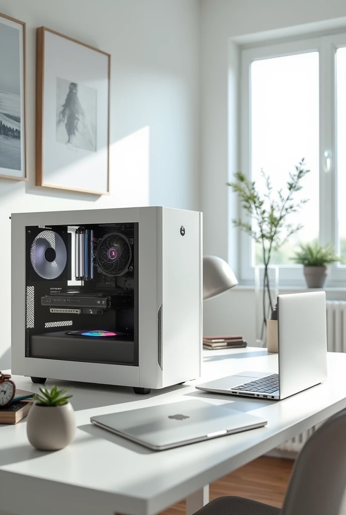 white office with gaming computer and laptop, nice accessories to match the house, elegant
