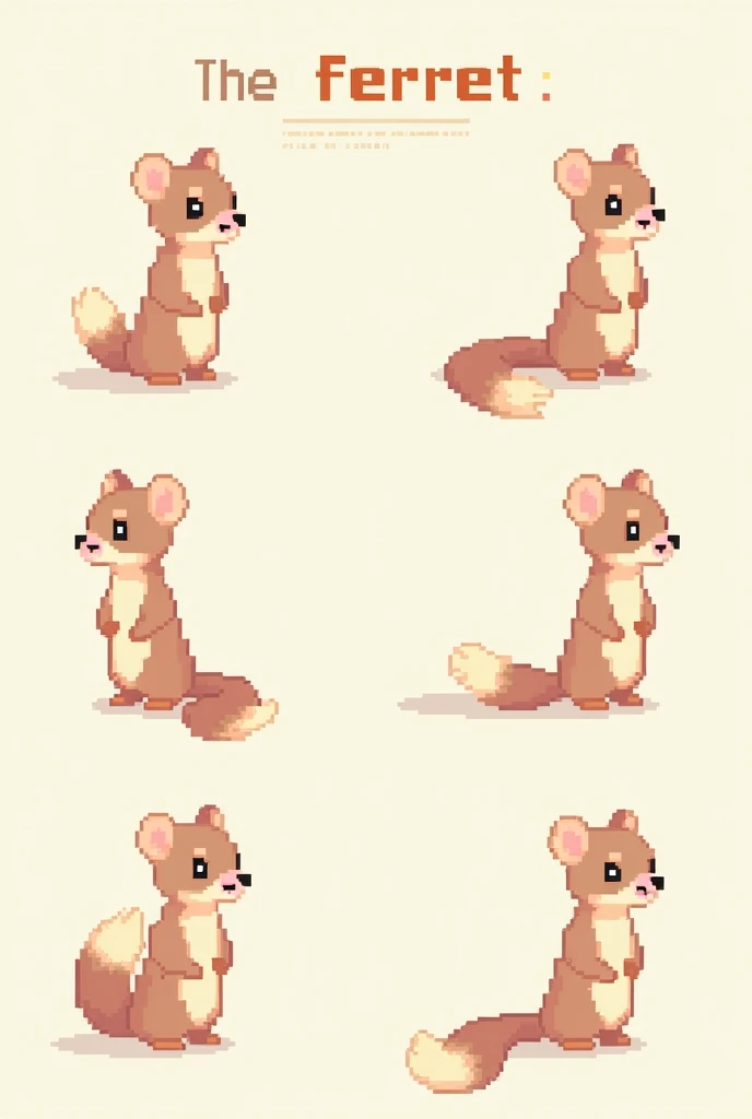 Create a pixelated 2d little ferret avatar in 6 different poses, looking to the right, left, back, forward and diagonally