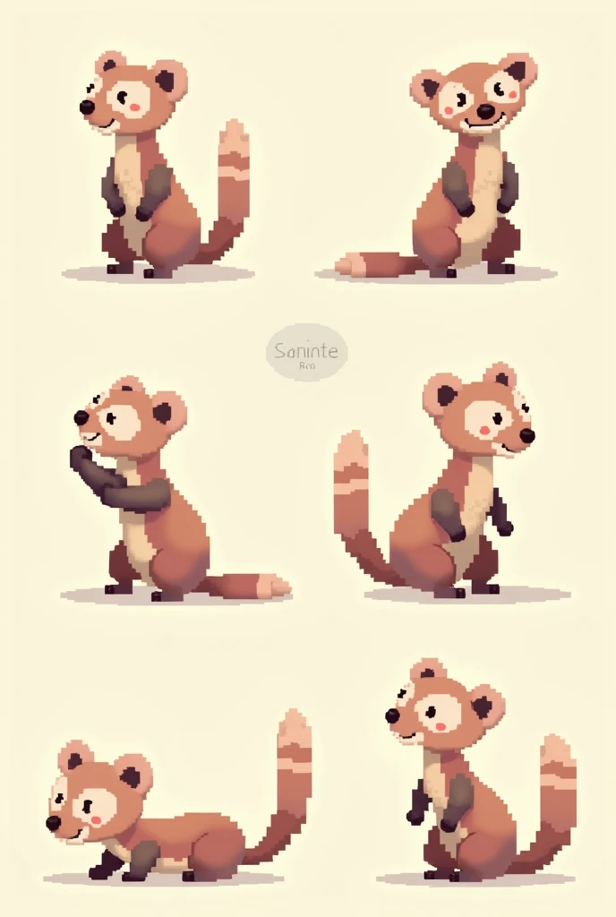 Create a pixelated 2d little ferret avatar in 6 different poses, looking to the right, left, back, forward and diagonally
