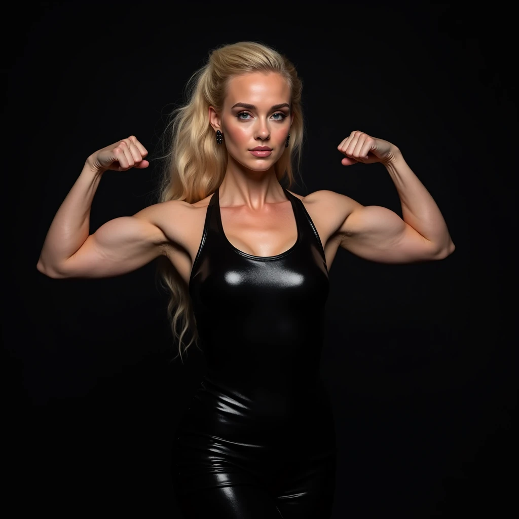 A high-resolution photograph of Dove Cameron as muscular Ruby Hale flexing her biceps. Dressed in black latex.