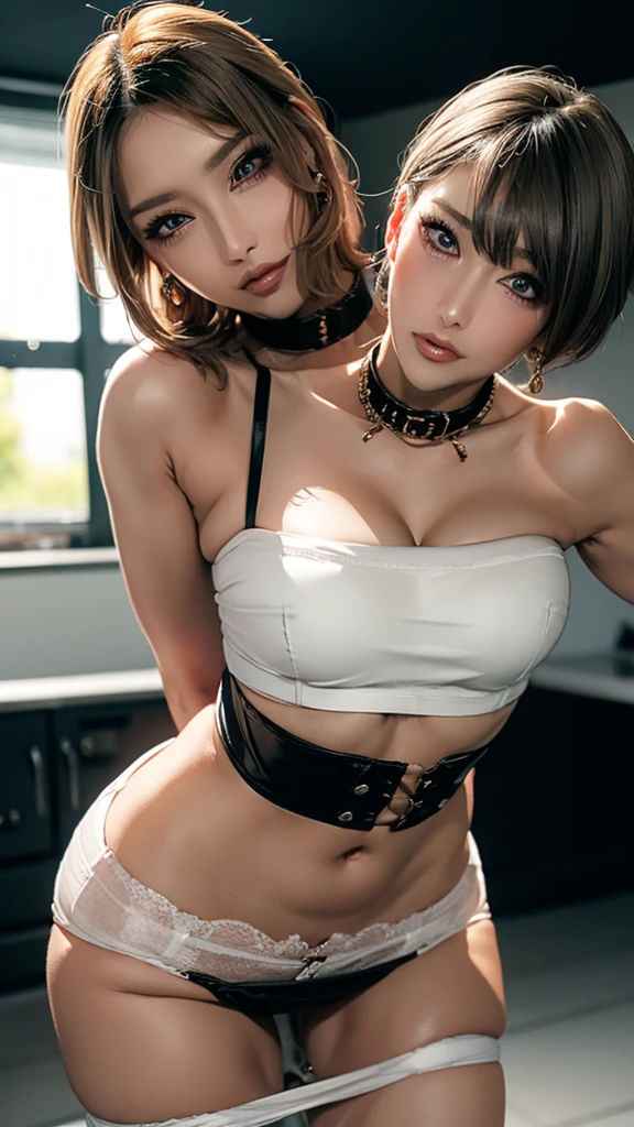 (best quality, 8k, highres, photorealistic:2.0), (two girls:2.0),(lighting: front),(lighting: strong),(ultimate beautiful girl:2.0),(shiny skin),(oily skin),(platinum blonde hair:1.5),Blush brown makeup , dark eye makeup , use pink glossy lipstick,(big eyes girl:1.5),(girl amazing sex appeal:1.5),(lesbian partner:1.5),(two people who love each other very much),(Two girls are looking at each other with smiles:2.0),(touch each other's bodies:1.5),(flirting boldly),(ultimate elegance),(ultimate erotic),(The sexual excitement of the two women is at its peak),(excited face),(Lesbian caresses:2.0),((sexy lingerie wear:1.5)),(lesbian sex)
