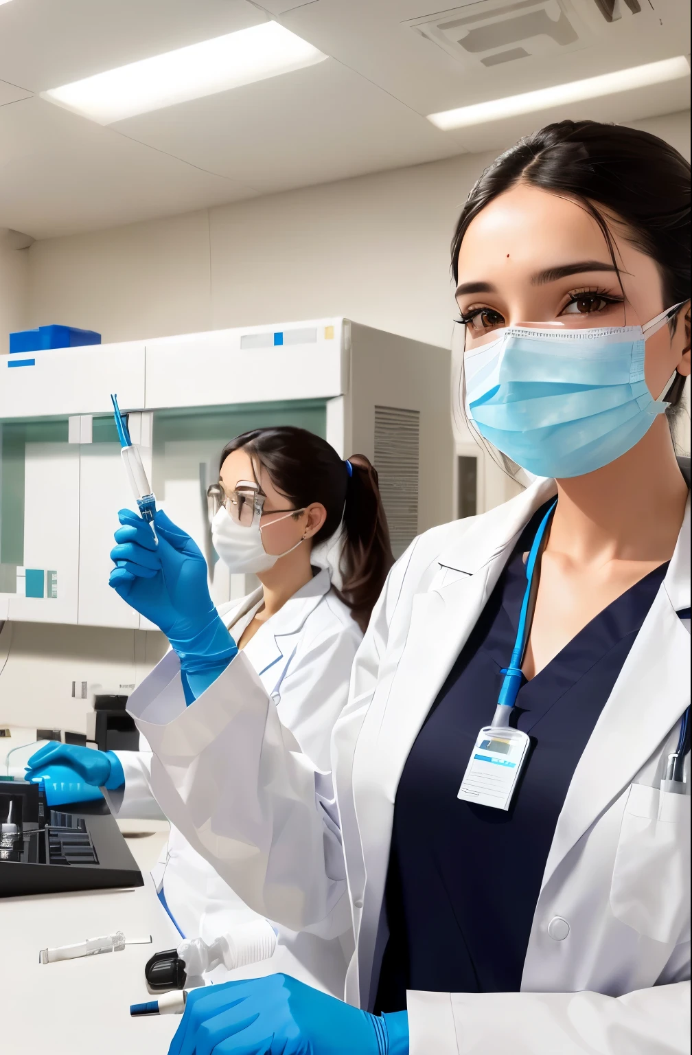 Arav female doctor in a lab coat and blue gloves holding a syom, Clean medical environment, Wearing a white coat and a blouse, Medical staff, Medical Laboratories, Masked Doctor, Medical Laboratoriesoratory, Wearing a white coat and glasses, Wearing a lab coat, Holding a syringe, Wearing a white coat, Holding a syringe, handling laboratory equipment, Wearing a white coat，8k HD resolution