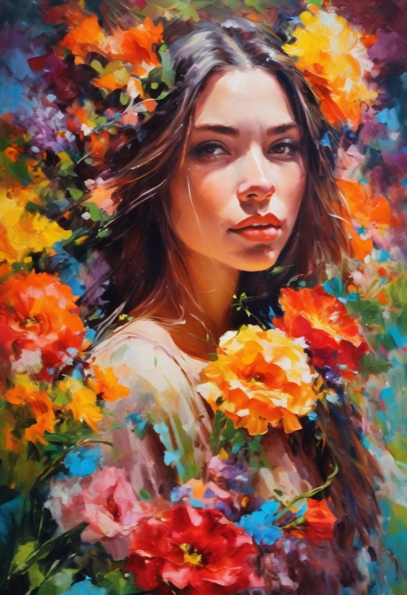 girl in flowers, colorful, oil painting, insane colors, oil colors, high quality, high detail