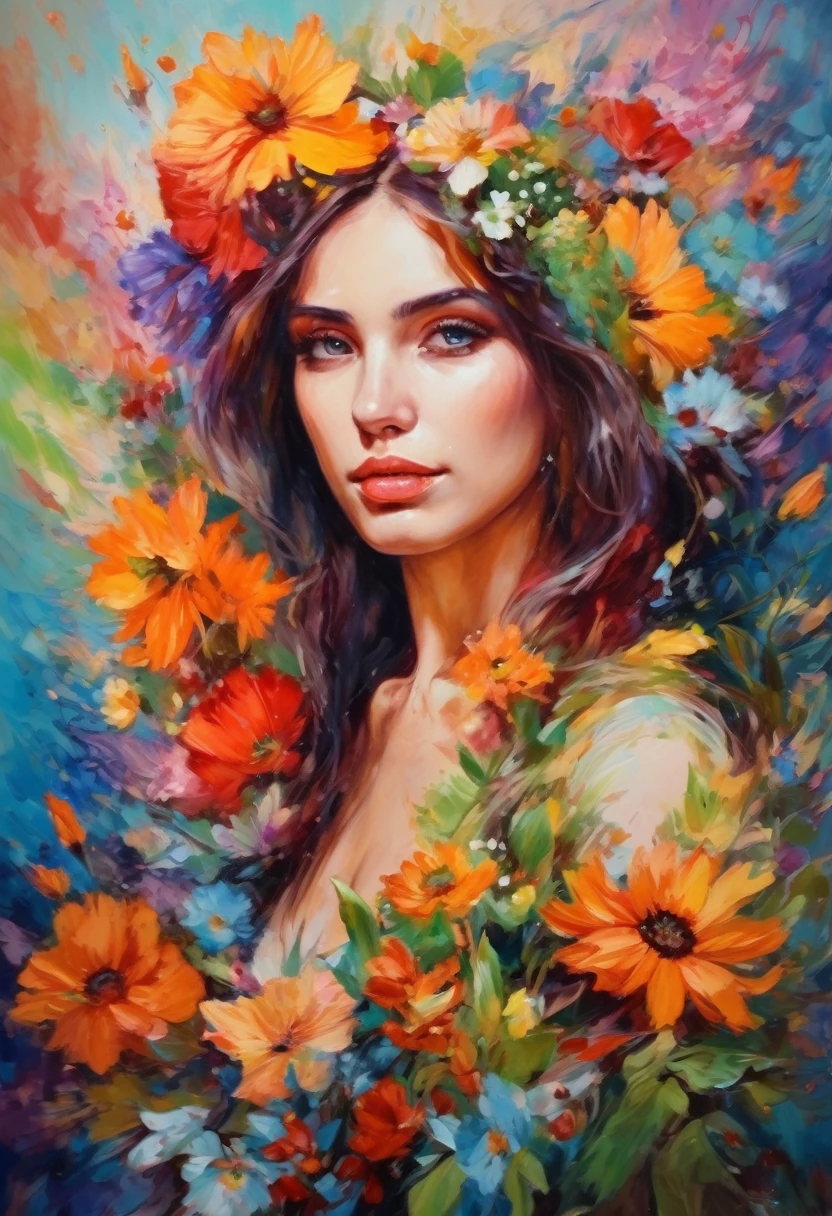 girl in flowers, colorful, oil painting, insane colors, oil colors, high quality, high detail