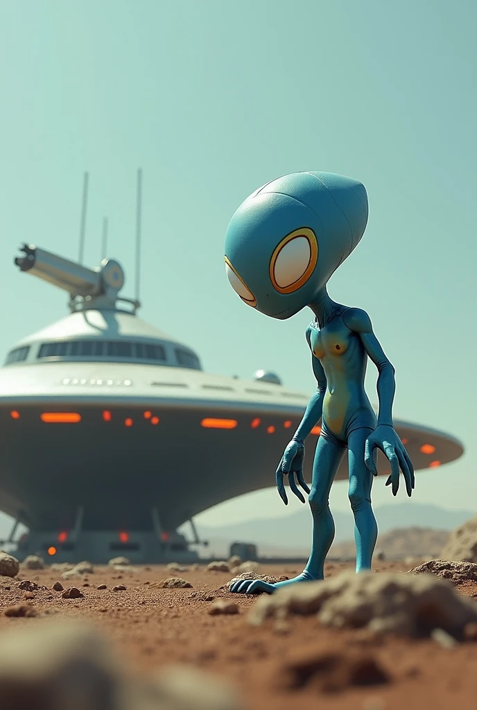 UFO on the ground, a man alien body, blue colors, white eye, hand 2x, a future weapon.
