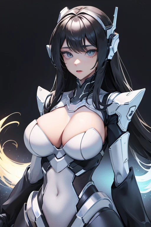 empty eyes,robotization,woman ,big bust,Robot Joint ,Metal skin,Black Suit,long hair,a suit that covers the whole body