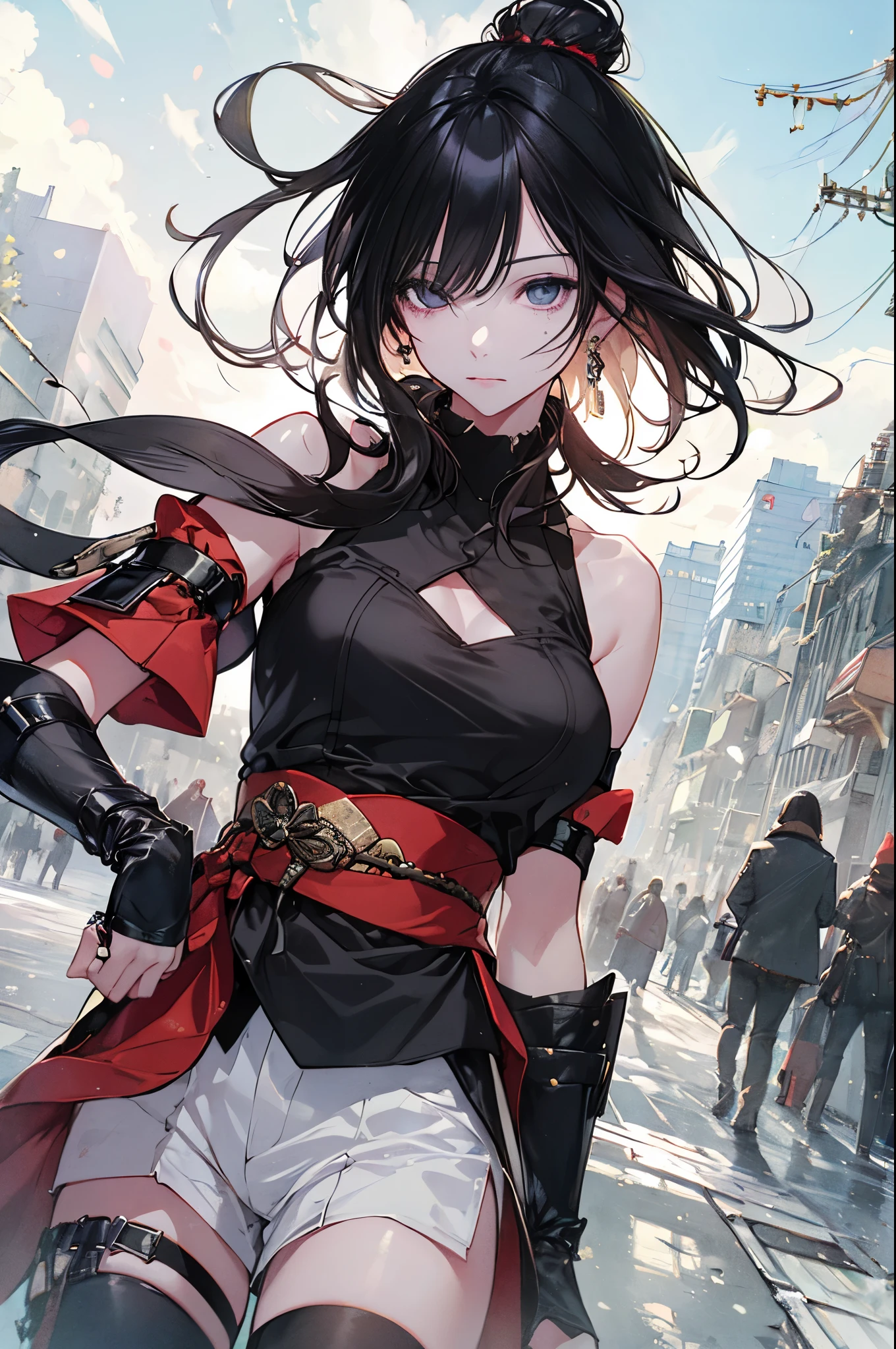(Highest quality、High resolution、8k、mysterious、masterpiece:1.2)。Yoshitaka Amano-style depiction。The cruel and inhuman Yamada Asaemon。Edo Period。she、Edo Periodの首斬り、assassination、Executioner。A long Japanese sword on his waist。A uniform with black belts all over the body。The gleam in his eyes is gone、Hollow。Dark circles under the eyes。Eye patch。ただし誰が見てもshe剣の達人だと感じ、He has unquestionable spirit.。With gray hair、Ragged hair。Of course there is the appeal of being a woman。Overwhelming strength and charm。Bloody bandages on his wrists and ankles、Samurai clothing。Samurai。With a cold-hearted look that looks down on people、A crowd of commoners々And pass by。Person kneeling on the ground々。Edo Periodの風景。Bold Pose、Seems like a bad personality。