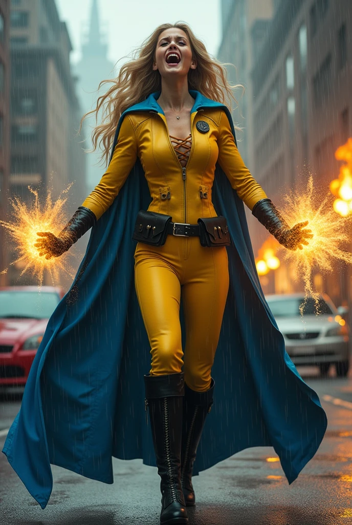 A beautiful woman with long blonde hair wearing a yellow leather jumpsuit yellow corset over her jumpsuit blue cape black boots and gloves long boots up to her knees wide black gym belt in a rainy apocalyptic city cars and buildings on fire magic in her hands knees screaming exhausted after an extensive battle magic in her hands blue cape