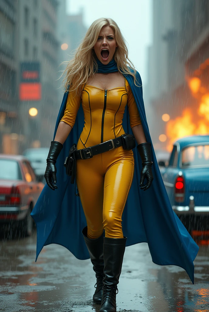 A beautiful woman with long blonde hair wearing a yellow leather jumpsuit yellow corset over her jumpsuit blue cape black boots and gloves long boots up to her knees wide black gym belt in a rainy apocalyptic city cars and buildings on fire magic in her hands knees screaming exhausted after an extensive battle magic in her hands blue cape

