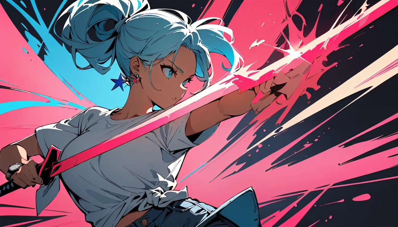 (high quality, 8k, 4K, High Contrast, masterpiece:1.2, 最high quality, Best aesthetics), ((16bit)), (Dynamic Angle), ((1 female teen)), ((Plain and bright background)), ((Flat Color)),(Plain white T-shirt on the upper body), (jeans), (Holding a sword), (Holding a sword:1.3) Looking at the audience, Upper Body, Transparent Background, High Contrast, Contrasting colors, Cowboy Shot, Pale pink and blue lighting, Long Hair, ((Tied Hair)) , Light blue hair, Small star-shaped earrings in both ears, watch, bright eyeshadow, (Fighting)