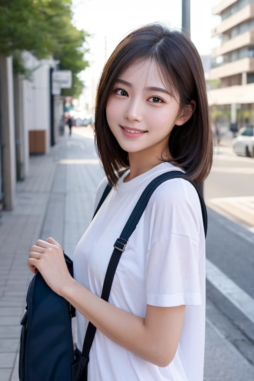 dress、(Photorealistic:1.4)、(hyper Realistic:1.4)、(Realistic:1.3)、(Smooth lighting:1.05)、(映画の照明Improvement of quality:0.9)、32K、One Girl、20-year-old girl、Realistic lighting、Backlight、Facial Light、Ray-tracing、(Bright light:1.2)、(Improvement of quality:1.4)、(Highest Quality Real Texture Skins:1.4)、Finely grained、Detailed painted face、Quality Eyes、(tired, Sleepy and satisfied:0.0)、 White T-shirt、(Enhance the mood of your body line:1.1)、(Enhances the beauty of skin texture:1.1)、((My Imada))、Specific Background、Medium length hair with even shape on both sides、smile、Carrying a backpack