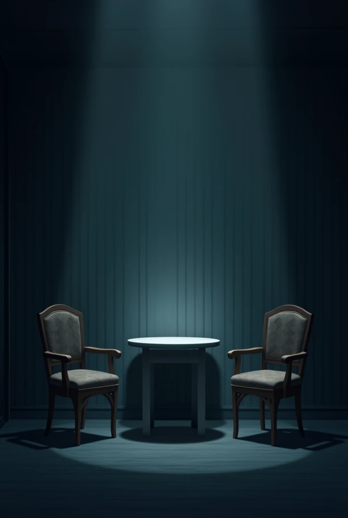 2 chairs in a dark room , a table in the center, little dimlight coming from the chilling reflecting light only in tha table and chairs in the middle of the house. Make it like anime drawing 2d ...now show the SAME DRAWING IN A DIFFERENT ANGLE