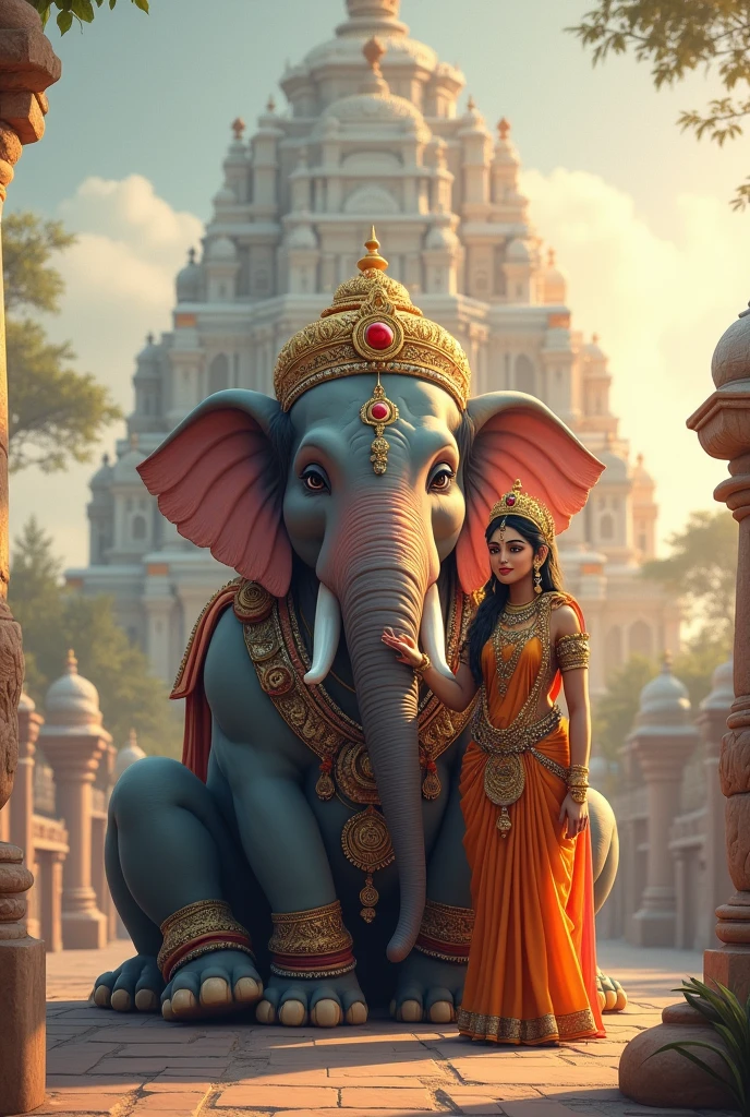 Create an image of an indian girl Saranya living in Valery Kogan's Caesara mansion. Saranya putting her hand on God Vinayagar's chest and look in his eyes. He is Elephant headed. Saranya and God Vinayagar in love ...Saranya should be touching his chest and look in his eyes. God Vinayagar with big belly