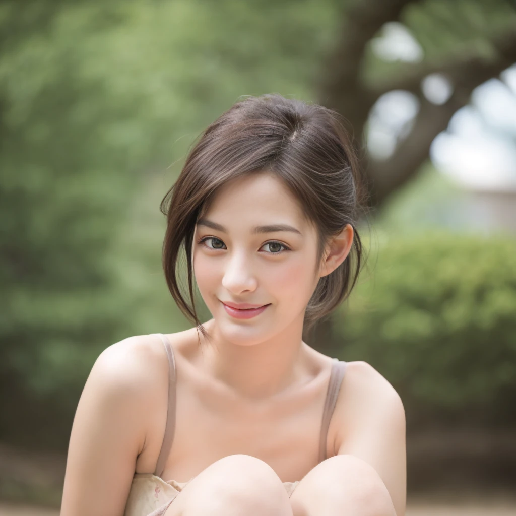 a Close-up portrait of gorgeous smiling cute Japanese woman in a nudity outfit, delicate facial features, porcelain-skinned, ponytail, a fusion of young Marion Cotillard's striking eyes and young Anne Hathaway's introspective gaze, long and slender cute face, Asian winged eyes, wavy nose, full wide lips, flowing very long straight black hair in the air, silhouette, bokeh,