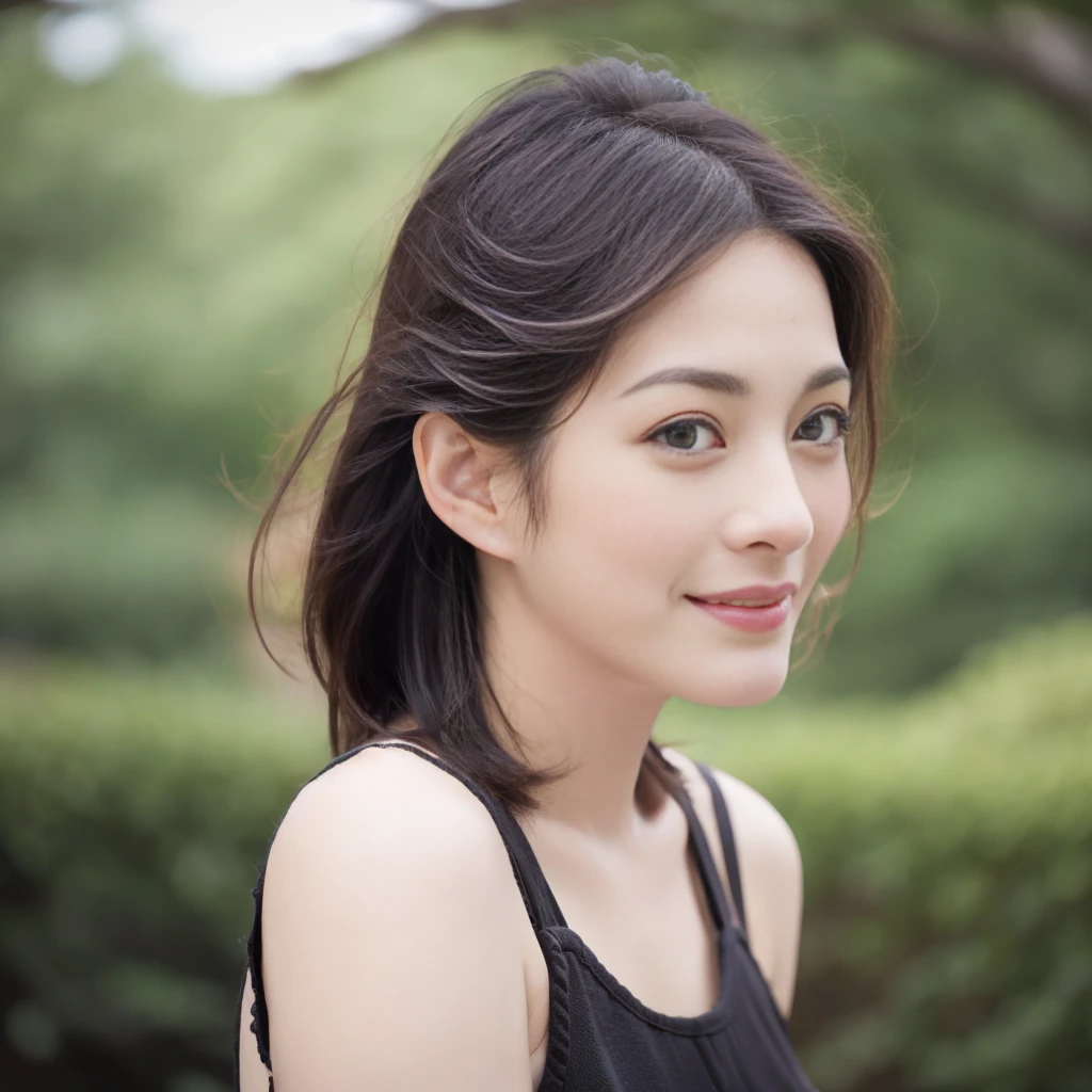 a Close-up portrait of gorgeous smiling cute Japanese woman in a nudity outfit, delicate facial features, porcelain-skinned, ponytail, a fusion of young Marion Cotillard's striking eyes and young Anne Hathaway's introspective gaze, long and slender cute face, Asian winged eyes, wavy nose, full wide lips, flowing very long straight black hair in the air, silhouette, bokeh,