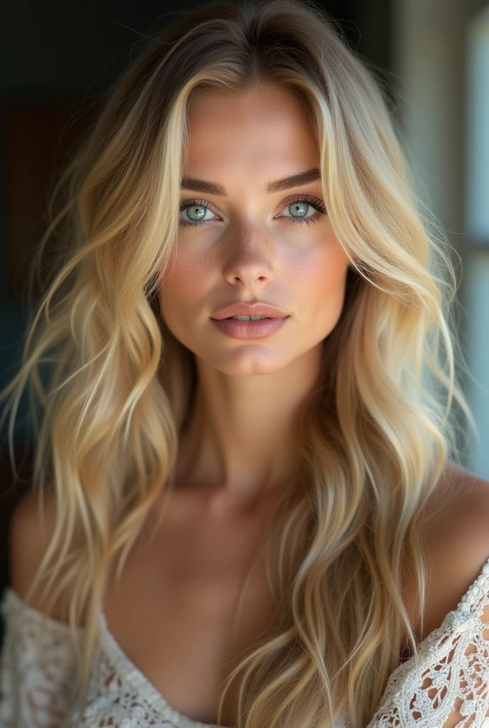 create a realistic image of a 20 year old woman, Longs cheveux blonds, Sexy blue-green eyes pose
