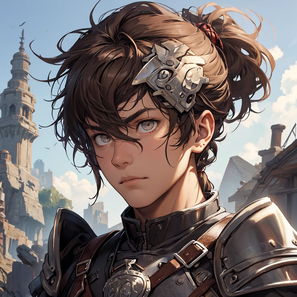 Young-faced man, adult, athletic body, He wore warrior armor, Brown hair, short, messy and tied in a short ponytail, big silver eyes, dark complexion, defiant look
