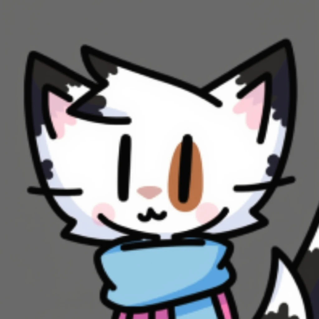 Anthropomorphic white cat-fox, Brown spot on the tufts of the left cheeks and eyes, black spots on the tips of their ears, left hand and right hand; light blue scarf, pink coat, Black pants, Black tail with white tufts at tip