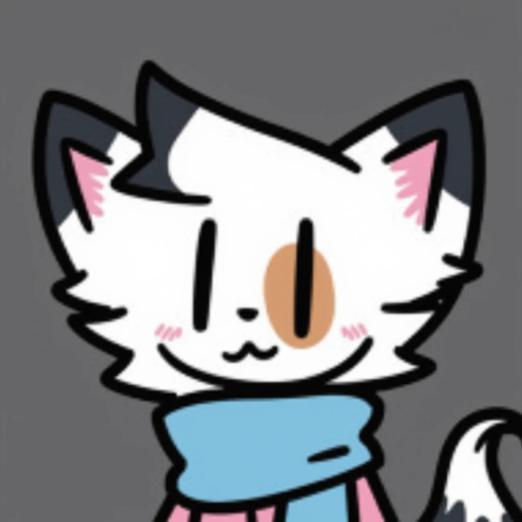 Anthropomorphic white cat-fox, Brown spot on the tufts of the left cheeks and eyes, black spots on the tips of their ears, left hand and right hand; light blue scarf, pink coat, Black pants, Black tail with white tufts at tip
