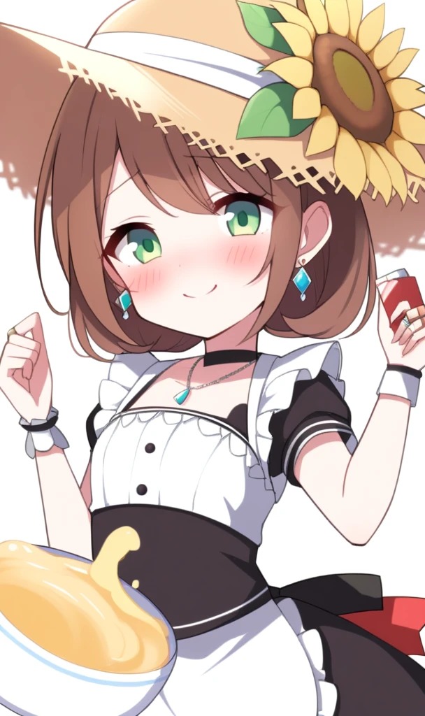 、cute、Princess、young、Green Eyes、Brown Hair、Medium Hairstyles、Straw hat、Big ribbon、cute、Being spoiled、smile、Be happy、Red cheeks、Idol、uniform、Belly button、maid、Small breasts、Embarrassed、juice、lover、Earrings、necklace、ring、sunflower