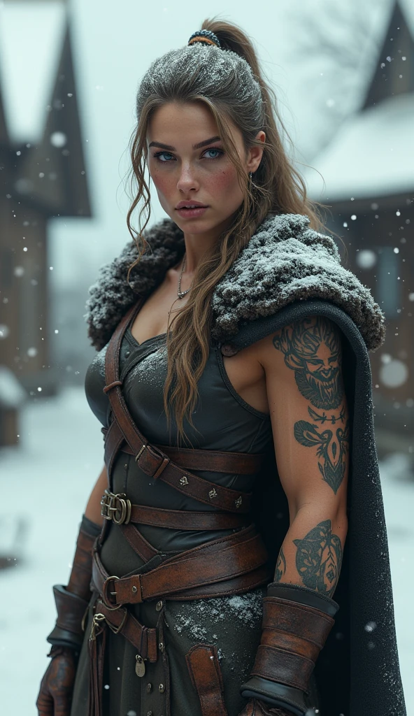 In the background of a background village, falling snow, an ultra-realistic woman viking strong, muscular, leather clothing, viking tattoos, stands in soft lighting. This photography-inspired composition captures the soft details of the subject, with ultra-high detail and cinematic aesthetics. With Octane rendering and Artstation's trending style, this 16k image is a masterpiece of ultra-realism and detail
