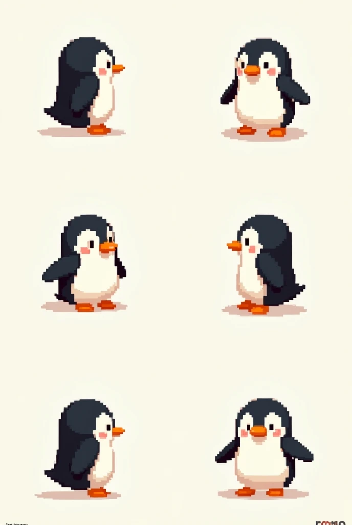 Create a pixelated 2d little penguin avatar in 6 different poses, looking to the right, left, back, forward and diagonally