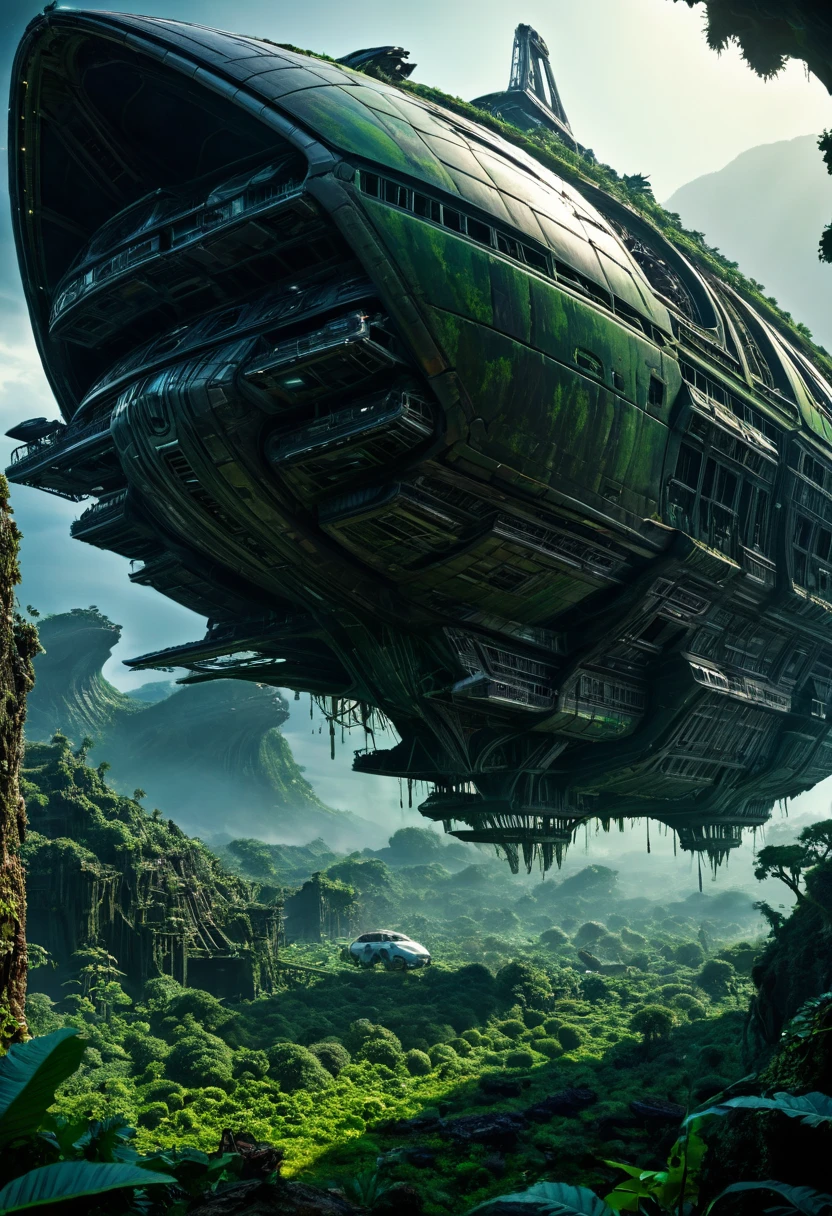 (best quality, 4k, ultra detailed, high resolution, masterpiece: 1.2),Imagine the inside of a partially destroyed bio-organic alien ship, with internal structures that look like a mix between technology and biological tissue. The scene is seen from an elevated and distant position, allowing you to see the colossal size of the environment and giving a feeling of immensity. Through the gaps in the ship, se puede ver el espacio exterior lleno de estrellas, con algunas luces brillantes y tenues que sugieren planetas o naves a lo lejos.