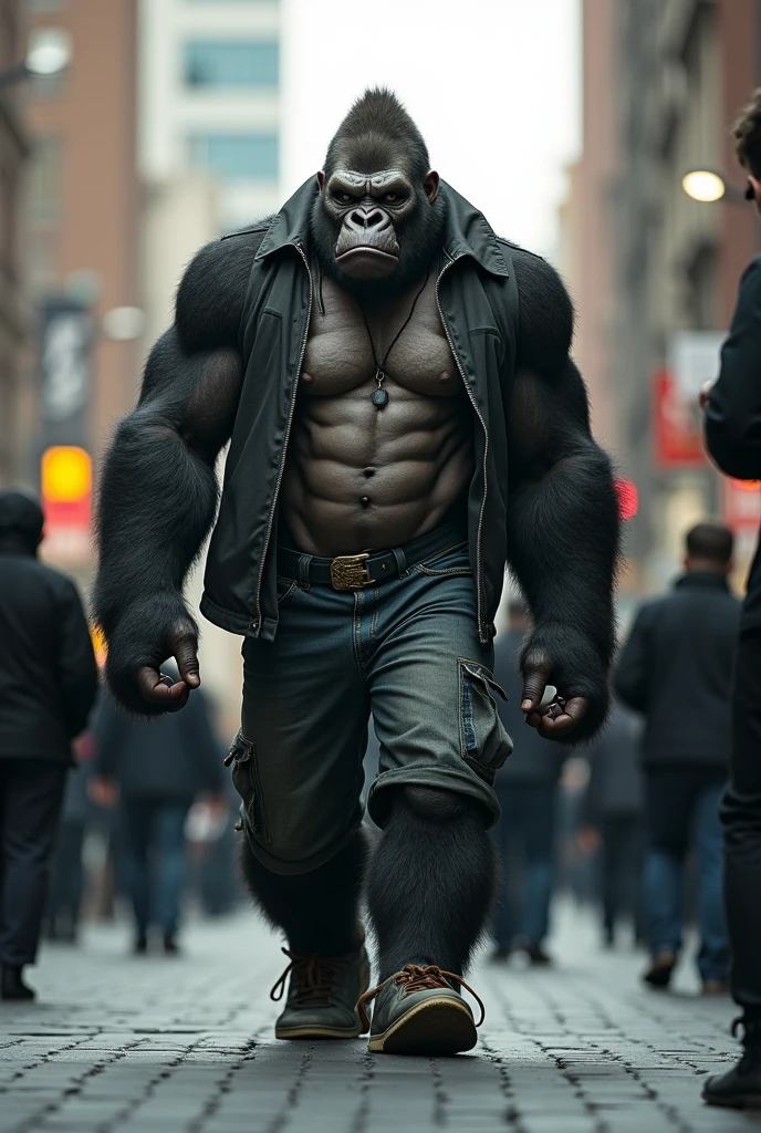 ((raw-photo)), ((Masterpiece artwork)), Anthropomorphic humanoid gorilla wearing (((streetwear clothes))), walking furiously among people, intricate-detail, intricate Greebles pieces, city behind, muscled body, (((large muscles))), muscular arms, (small head), monstrous ogre, Titan soft lighting, hyper realist, soft-lighting, eerie ambiance, enormous dick, pulling his dick out,