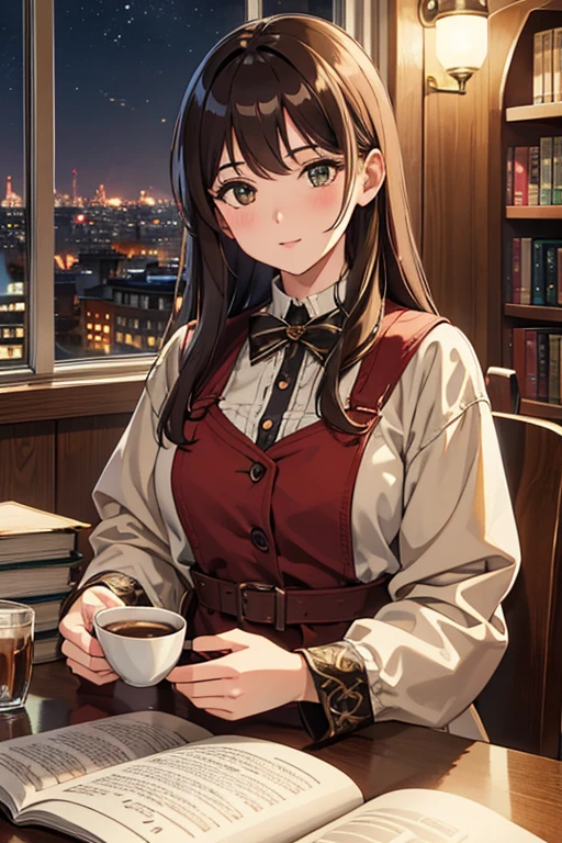 best quality, 4k wallpaper, masterpiece, very detailed CG Unity 8k 벽지, very detailed 눈, very detailed, intricate details, Brunette Girl, A cup of coffee, Lots of books, Cozy atmosphere, retro, city, Night view window