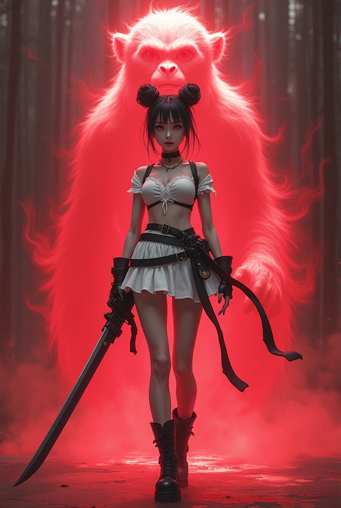 White miniskirt dress with black boots、Full image of a girl in combat gear holding a sword with pink eyes、Monkey Background、The aura of a monkey ghost is in the background、Pink eyes and twin bun hair、A beautiful girl in a white one-piece dress and combat gear is surrounded by a red monkey aura in the background.、Full image of the girl、Smaller breasts、Ghost of the Red Monkey、Ghost of the Red Monkey
画像全体を枠内に収まるように。