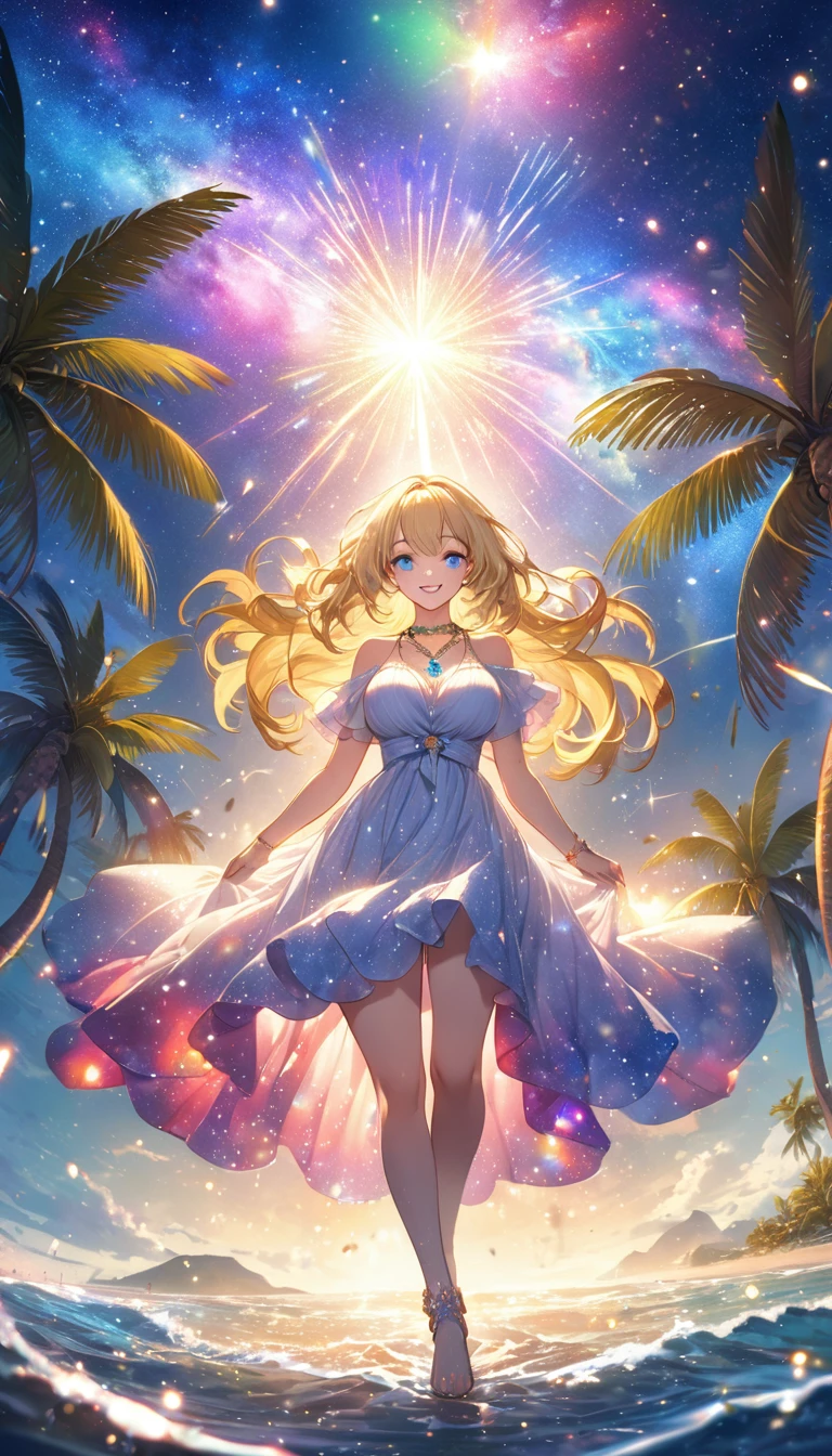 (masterpiece、Highest quality、8k、High resolution)、Best Style、(The most beautiful girl in anime)、(Clear skin、Clean blue eyes、Beautiful lips、Beautiful nose)、smile、Beautiful white upper teeth、Blonde Hair、Ample breasts、Walking on the beach、Palm tree、Beautiful starry sky、milky way、(Body、whole bodyからMystical particles of light、Mystical particles of light、Mystical particles of light、Colorful Light、Vibrant colors)、The area around the head is brightly lit with a mysterious light.、Vibrant colors、(jewelry、necklace)、dress、(whole body)、Highly detailed anime art、A complete portrayal、